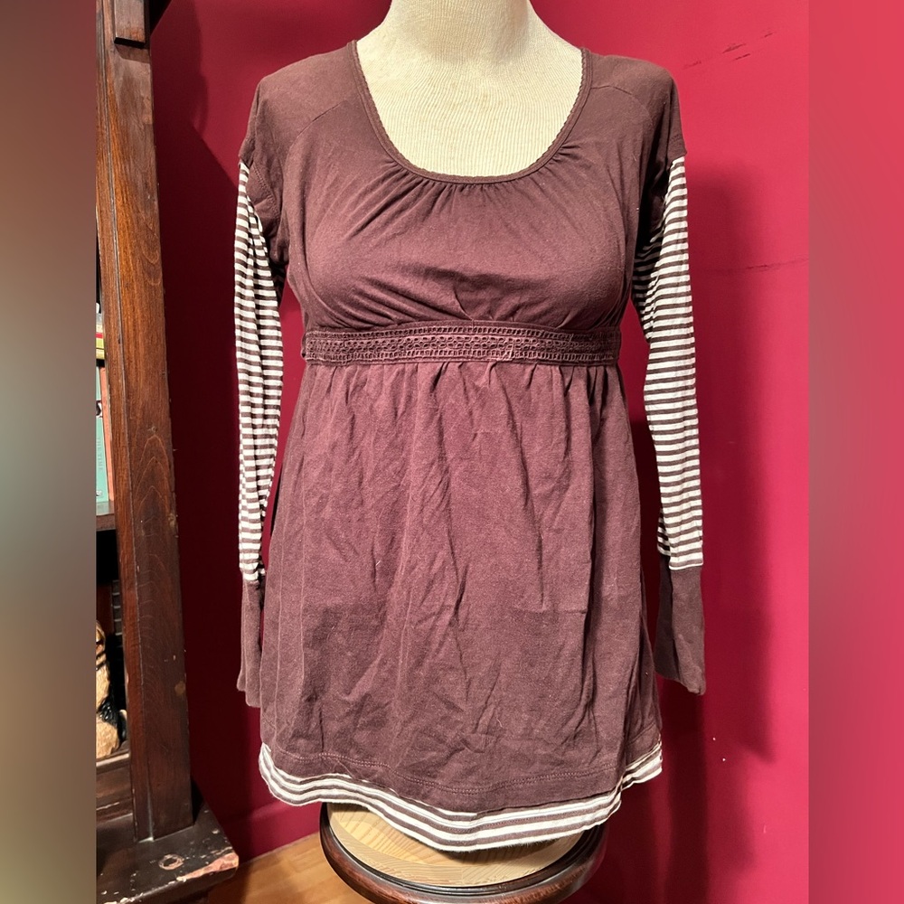 2010’s Grunge Twilight Bella Brown Layered Stripe Long Sleeve Blouse Size Large